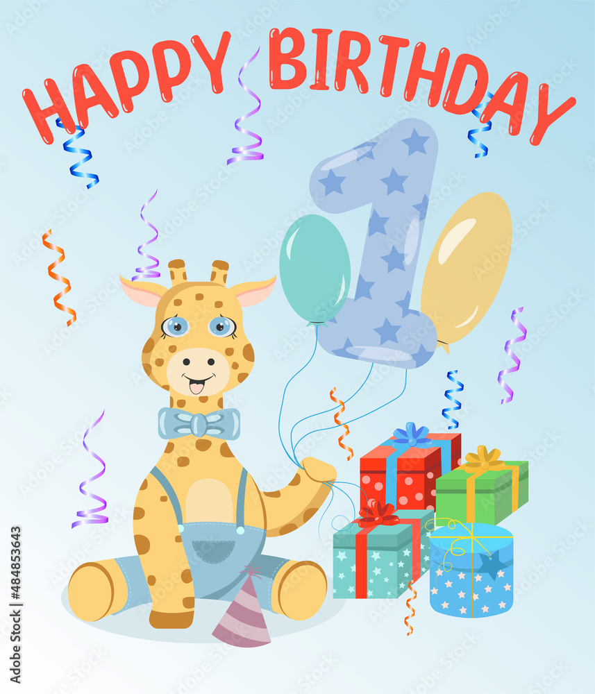 Naklejka premium Cute card happy birthday with a giraffe for a boy 1 year old