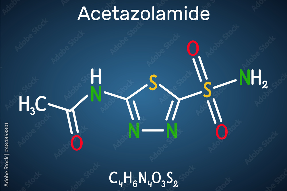 Acetazolamide molecule. It is carbonic anhydrase inhibitor used to treat edema from heart failure, certain types of epilepsy, glaucoma. Structural chemical formula on the dark blue background Acetazolamide molecule. It is carbonic anhydrase inhibitor used to treat edema from heart failure, certain types of epilepsy, glaucoma. Structural chemical formula on the dark blue background
