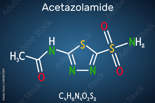 Acetazolamide molecule. It is carbonic anhydrase inhibitor used to treat edema from heart failure, certain types of epilepsy, glaucoma. Structural chemical formula on the dark blue background