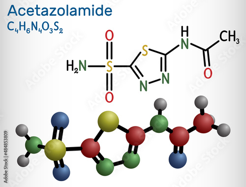 Acetazolamide molecule. It is carbonic anhydrase inhibitor used to treat edema from heart failure, certain types of epilepsy, glaucoma. Structural chemical formula, molecule model