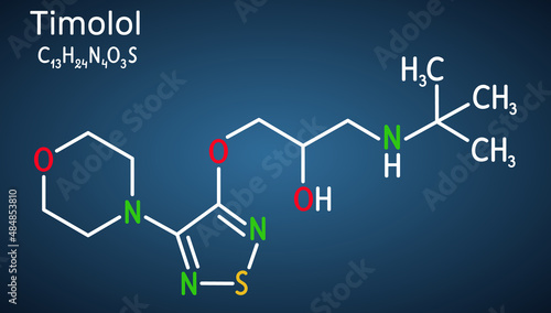 Timolol, molecule. It is non-selective beta blocker medication for treatment of elevated intraocular pressure in ocular hypertension or glaucoma. Structural chemical formula, dark blue background