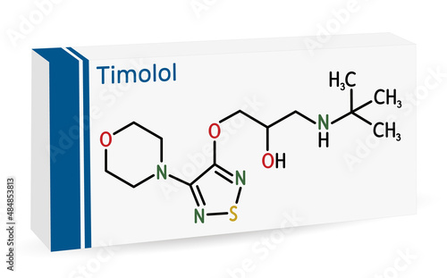 Timolol, molecule. It is non-selective beta blocker medication for treatment of elevated intraocular pressure in ocular hypertension or glaucoma. Skeletal chemical formula. Paper packaging for drugs