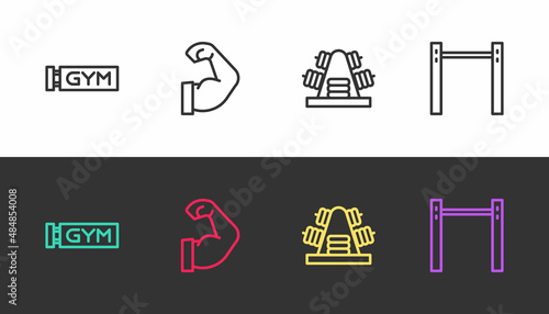Set line Location gym, Bodybuilder muscle, Metal rack with weights and Horizontal bar on black and white. Vector