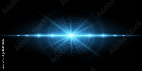 Modern light effect isolated on black background. Vector bright flash for your project. Lens flare and glare. Blue rays. Explosion star with sparks. EPS 10