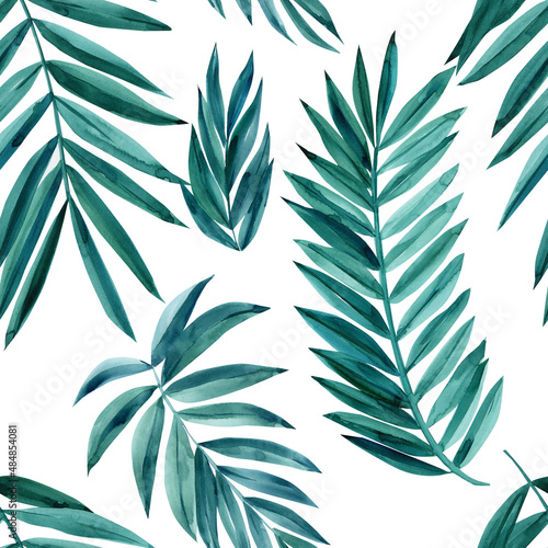 Watercolor leaves Pattern branch of a palm tree. Seamless texture. 