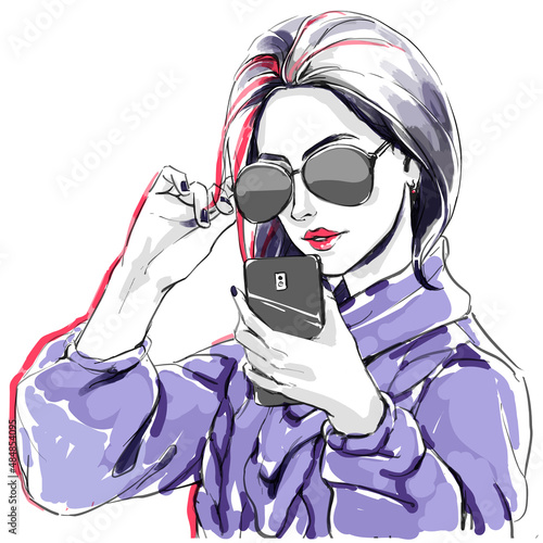 Fashion illustration, taking selfie woman portrait, cosmetic, hairdressing