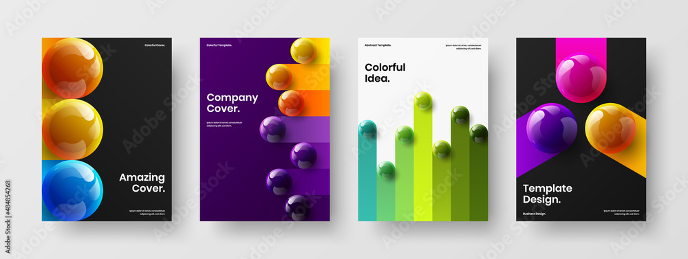 Fresh realistic spheres corporate identity concept composition. Vivid pamphlet A4 vector design illustration collection.