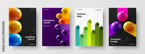 Fresh realistic spheres corporate identity concept composition. Vivid pamphlet A4 vector design illustration collection.