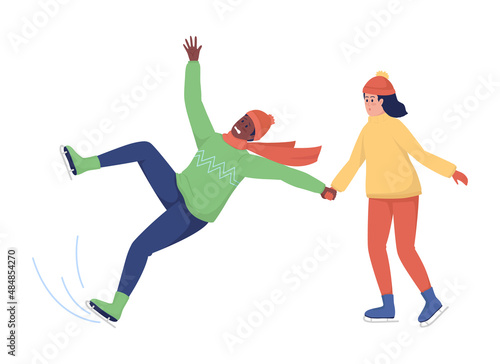 Couple in ice skates semi flat color vector character. Two figures. Full body people on white. Boyfriend with girlfriend isolated modern cartoon style illustration for graphic design and animation