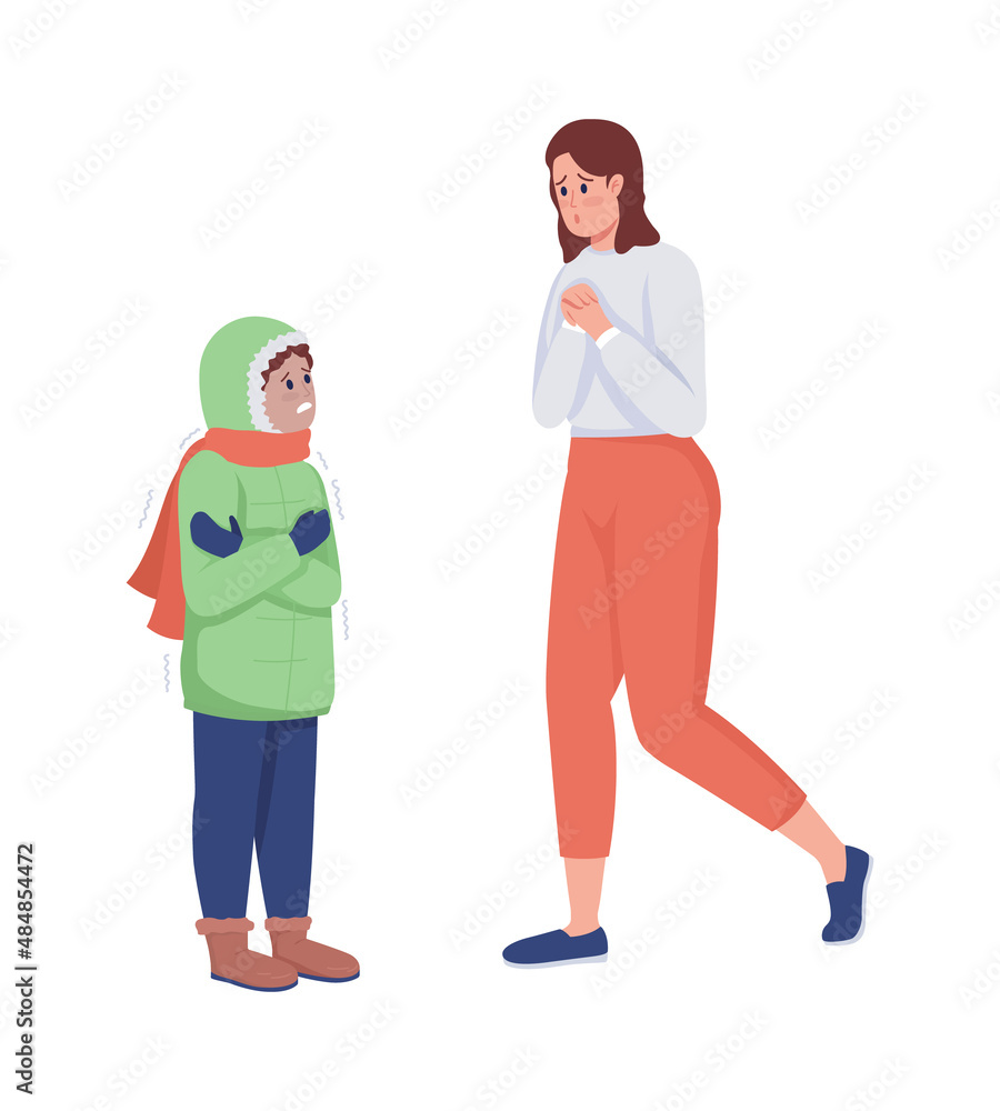 Worried mom with kid semi flat color vector character. Two figures. Full body people on white. Common situations isolated modern cartoon style illustration for graphic design and animation
