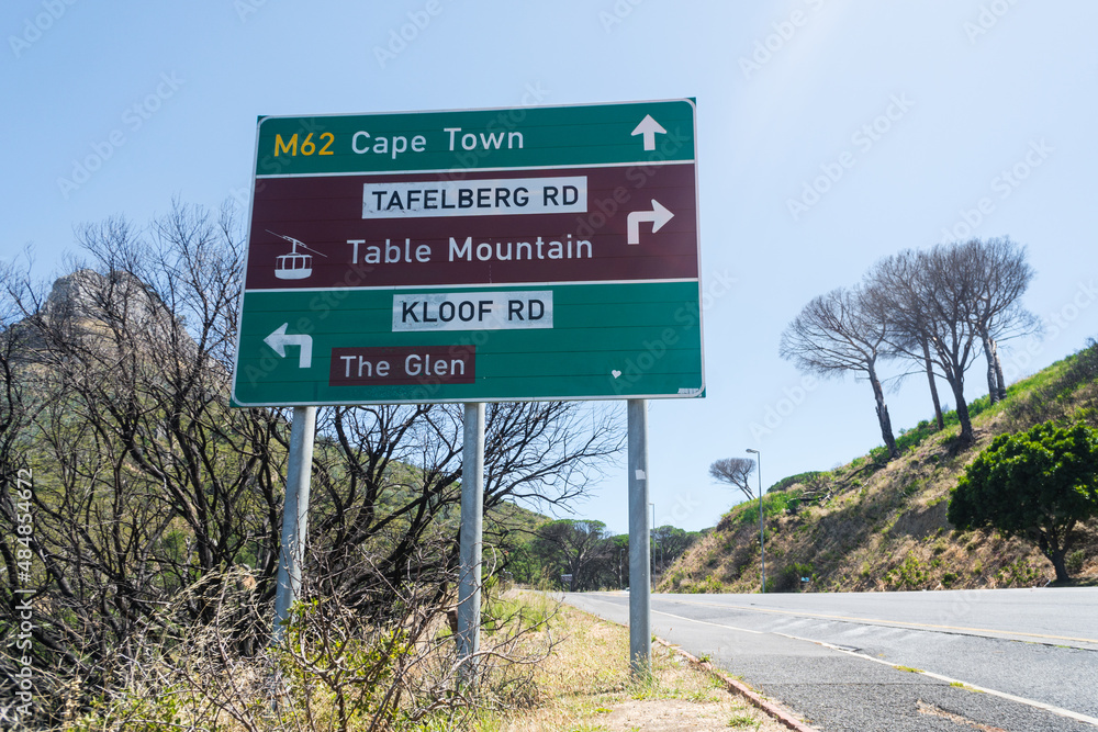road sign with arrows and directions pointing to Table Mountain cablecar in Cape Town, South Africa