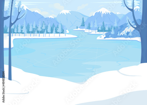 Frozen lake for skating surrounded by mountains flat color vector illustration. Winter retreat. Cold weather. Enjoying fresh snowfall. Snowy 2D simple cartoon landscape with mountains on background