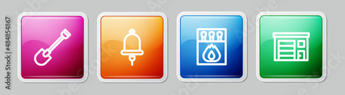 Set line Fire shovel, Ringing alarm bell, Matchbox and matches and Building of fire station. Colorful square button. Vector
