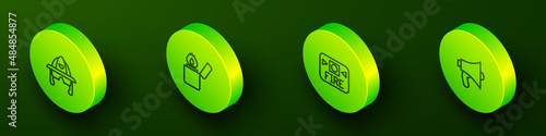 Set Isometric line Firefighter helmet, Lighter, alarm system and Megaphone icon. Vector