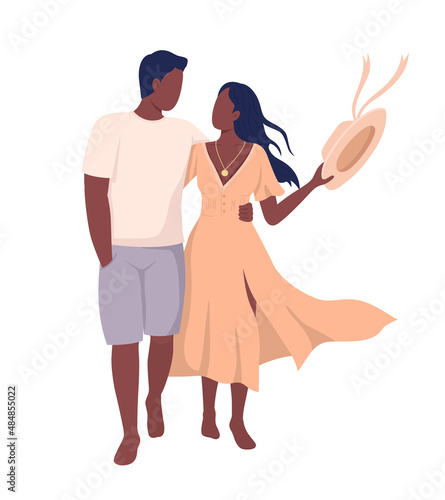 Couple walking barefoot semi flat color vector characters. Posing figures. Full body people on white. Romantic stroll simple cartoon style illustration for web graphic design and animation