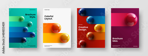 Original pamphlet vector design illustration bundle. Amazing 3D balls corporate brochure layout set.
