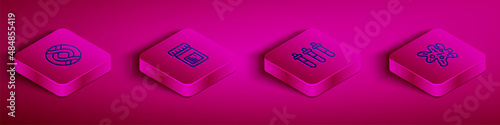 Set Isometric line DNA symbol, Jar with additives, Reagent bottle and Cell icon. Vector