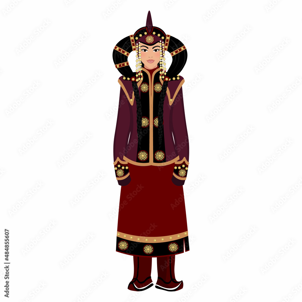 Woman in folk national Mongolian costume. Vector illustration