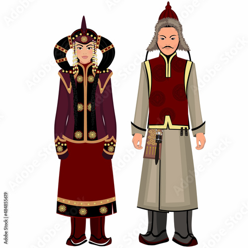 Woman and man in folk national Mongolian costumes. Vector illustration photo