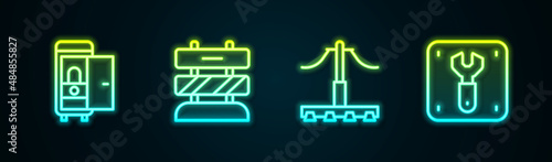 Set line Toilet in the train car, End of railway tracks, Railway and Repair. Glowing neon icon. Vector