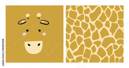 Giraffe graphics. Hand drawn card with cute giraffe face and african giraffe skin pattern. Seamless background. Kids giraffe animal character. Baby poster, nursery wall art, card, room decoration.
