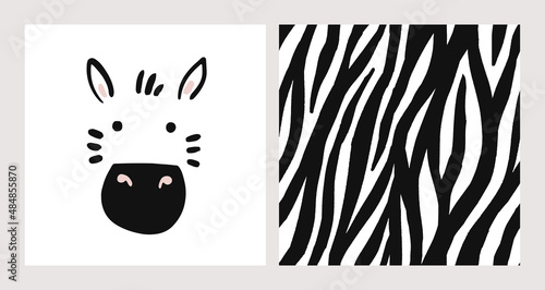 Zebra face and zebra skin pattern. Hand drawn card with cute zebra face and african pattern. Seamless background. Kids zebra animal character. Baby poster, nursery wall art, card, room decoration.