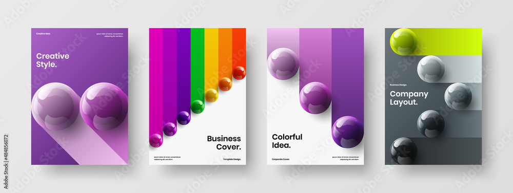 Clean flyer vector design template set. Isolated realistic balls corporate cover concept composition.
