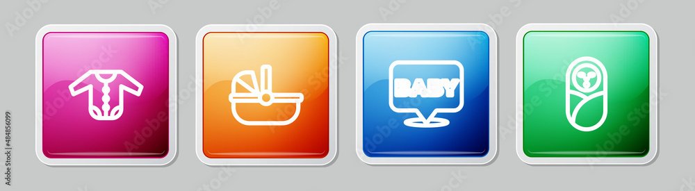 Set line Baby clothes, stroller, and Newborn baby infant swaddled. Colorful square button. Vector Set line Baby clothes, stroller, and Newborn baby infant swaddled. Colorful square button. Vector