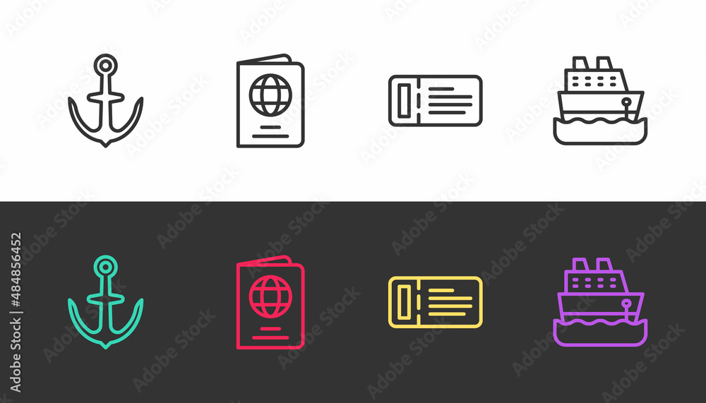 Set line Anchor, Passport, Cruise ticket and ship on black and white. Vector Set line Anchor, Passport, Cruise ticket and ship on black and white. Vector