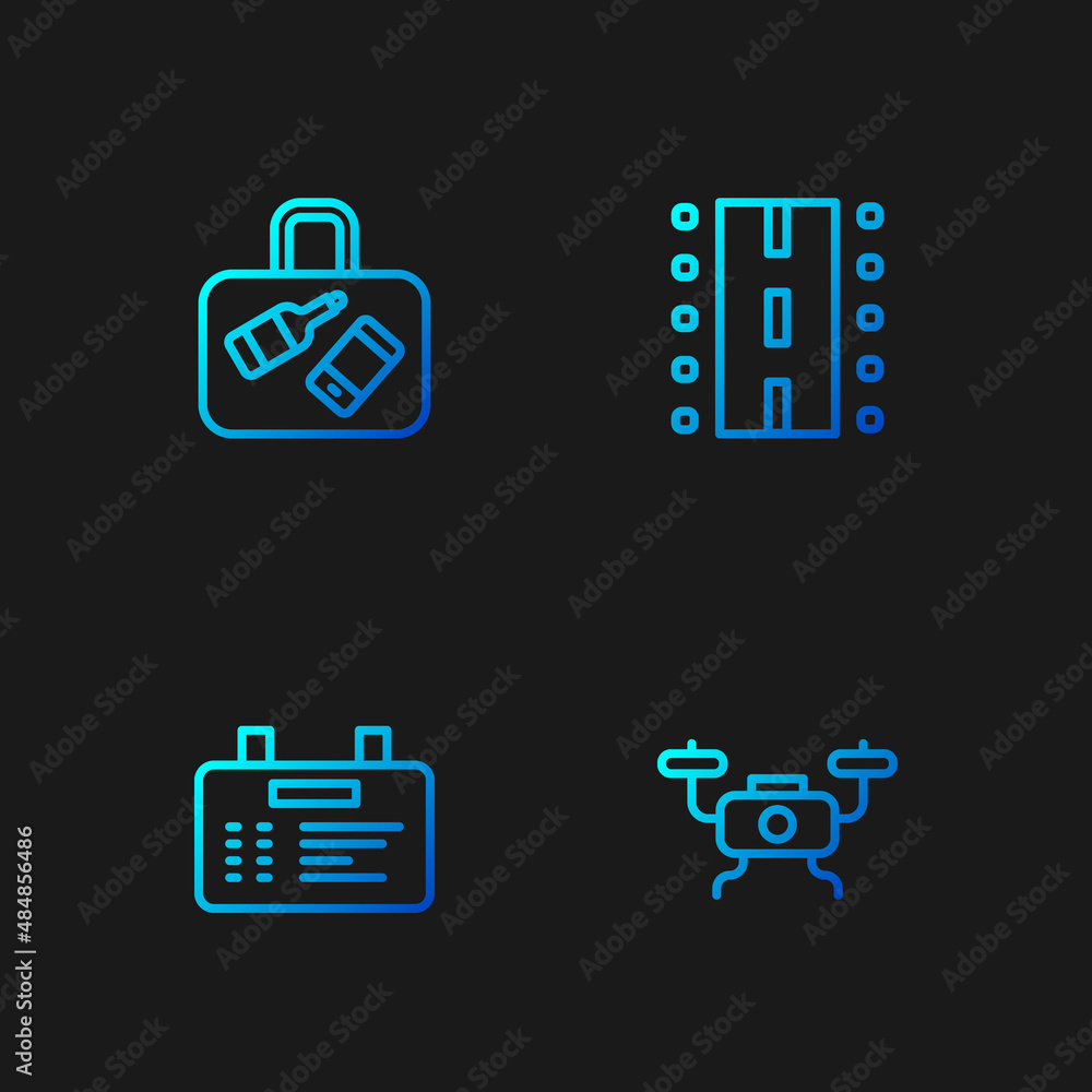 Set line Drone flying, Airport board, Suitcase and runway. Gradient color icons. Vector Set line Drone flying, Airport board, Suitcase and runway. Gradient color icons. Vector