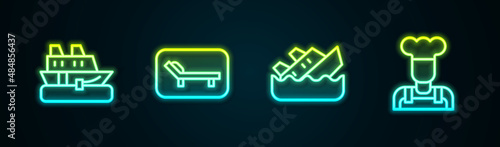 Set line Cruise ship, Sunbed and umbrella, Sinking cruise and Cook. Glowing neon icon. Vector