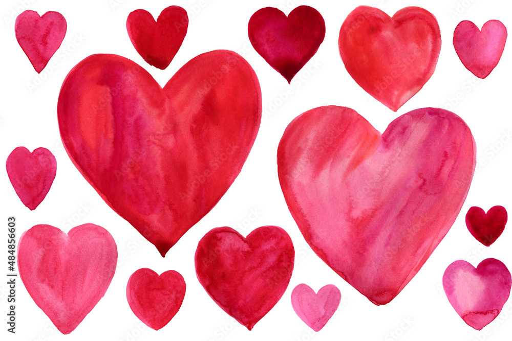 set of watercolor scarlet hearts on a white background. valentine's day, love