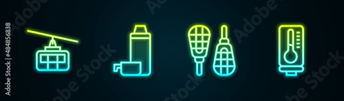 Set line Cable car, Thermos container, Snowshoes and Meteorology thermometer. Glowing neon icon. Vector