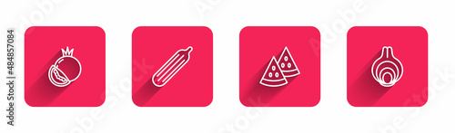 Set line Tomato, Fresh cucumber, Watermelon and Onion with long shadow. Red square button. Vector