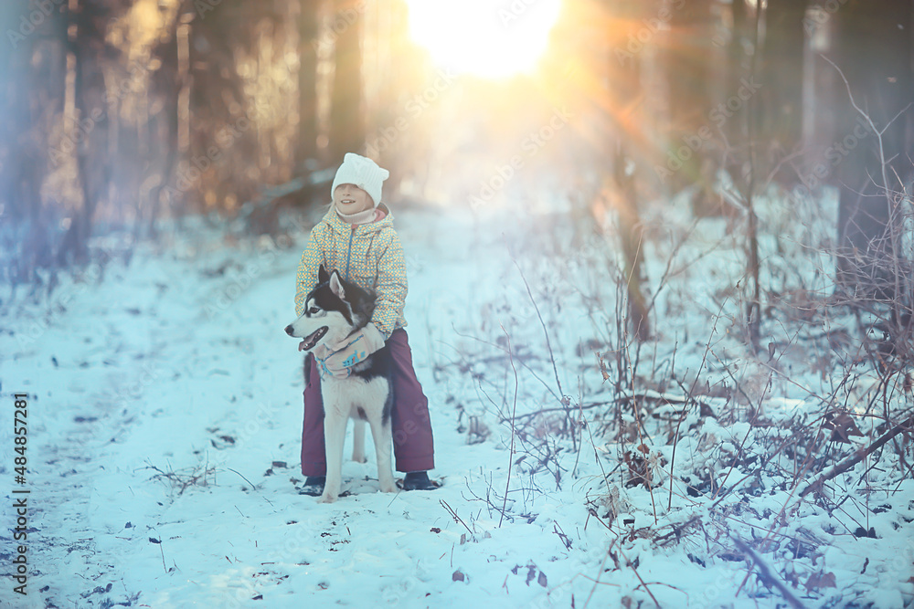 children play with a dog in the winter landscape of a sunny forest, snowfall girls and husky