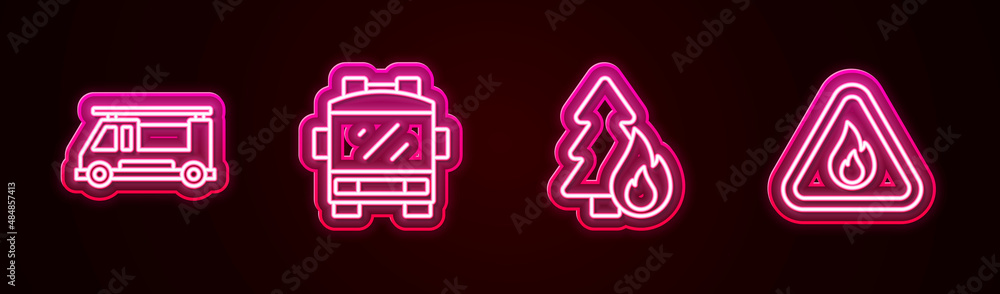 Set line Fire truck, , Burning forest tree and flame triangle. Glowing neon icon. Vector