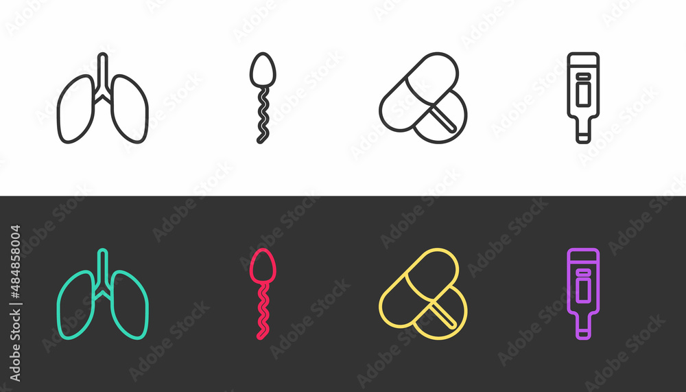Set line Lungs, Sperm, Medicine pill or tablet and Digital thermometer on black and white. Vector Set line Lungs, Sperm, Medicine pill or tablet and Digital thermometer on black and white. Vector