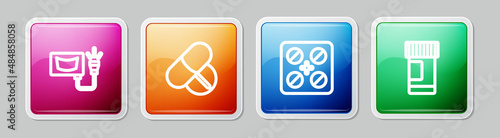 Set line Ultrasound, Medicine pill or tablet, Pills blister pack and bottle and pills. Colorful square button. Vector