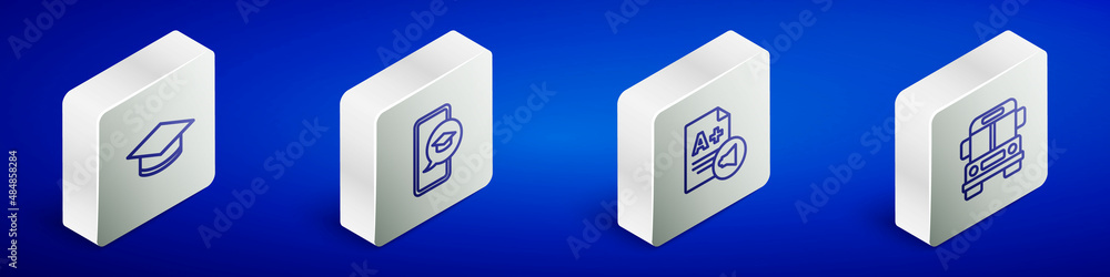 Set Isometric line Graduation cap, mobile, Exam sheet with A plus grade and School Bus icon. Vector Set Isometric line Graduation cap, mobile, Exam sheet with A plus grade and School Bus icon. Vector