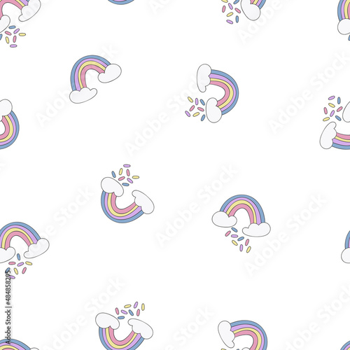 Rainbow and clouds. Cartoon print. Seamless vector pattern (background). 
