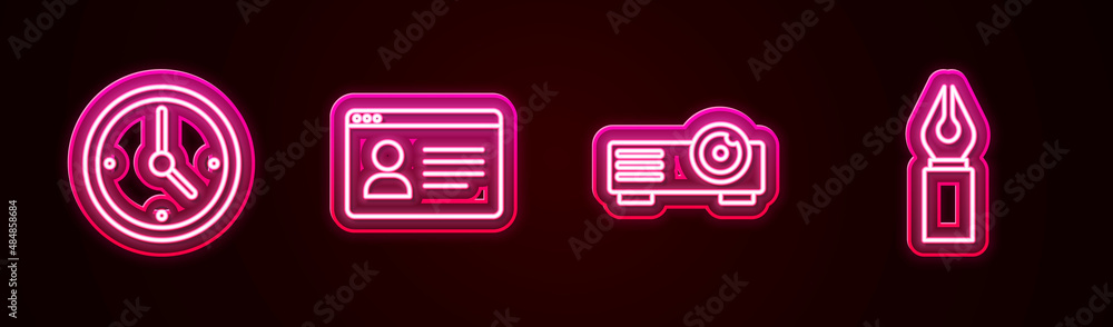 Set line Clock, Online class, Movie, film, media projector and Fountain pen nib. Glowing neon icon. Vector Set line Clock, Online class, Movie, film, media projector and Fountain pen nib. Glowing neon icon. Vector