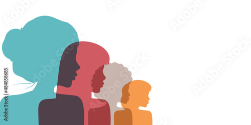Racial equality and anti-racism. Silhouette profile group of women and girls of diverse culture. Social image. Vector banner.