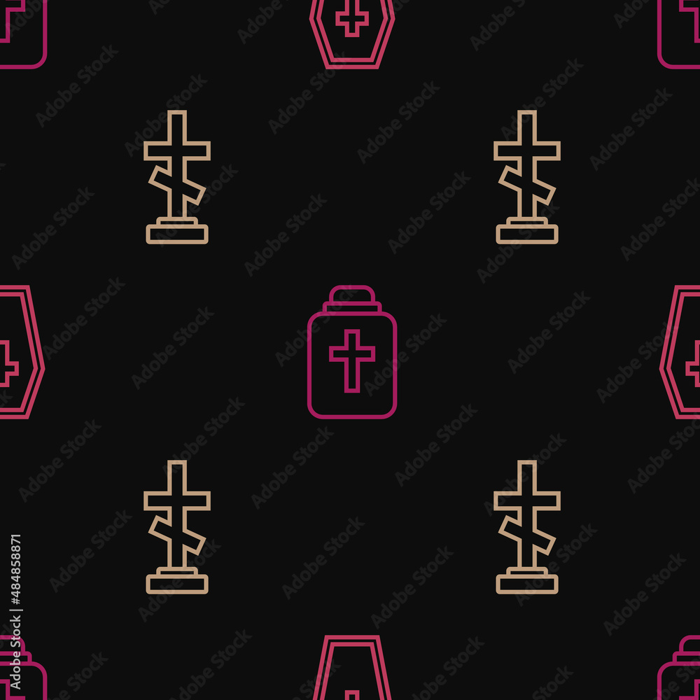 Set line Coffin with cross, Grave and Funeral urn on seamless pattern. Vector Set line Coffin with cross, Grave and Funeral urn on seamless pattern. Vector