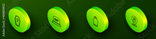 Set Isometric line Coffin with cross, Tombstone RIP written, Funeral urn and icon. Vector