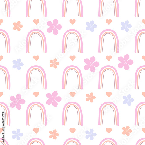 Rainbow seamless pattern. Delicate modern decor in pastel colors. Perfect for printing on fabrics, phobos, wrapping paper, wallpaper in the nursery.