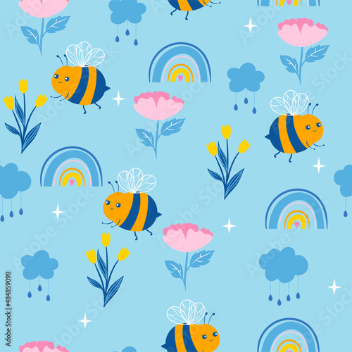 Seamless pattern with cute bees, rainbows, clouds, flowers. Vector graphics.