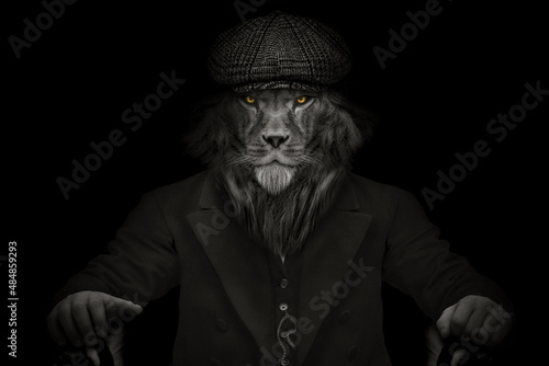 Man in the form of a Lion mammal Mafia style , The Lion person , animal face isolated black white , Peaky Blinders