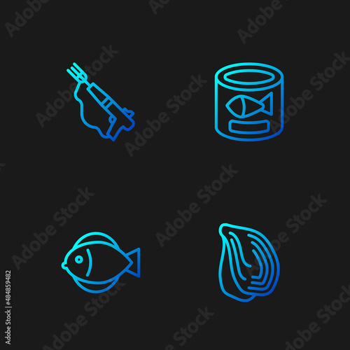 Set line Mussel, Fish, Fishing harpoon and Canned fish. Gradient color icons. Vector