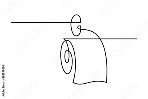 Toilet paper in continuous line art drawing style. Roll of tissue paper on a holder minimalist black linear design isolated on white background. Vector illustration