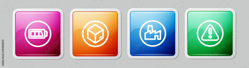 Set line Battery, Carton cardboard box, Factory production and Exclamation mark in triangle. Colorful square button. Vector Set line Battery, Carton cardboard box, Factory production and Exclamation mark in triangle. Colorful square button. Vector